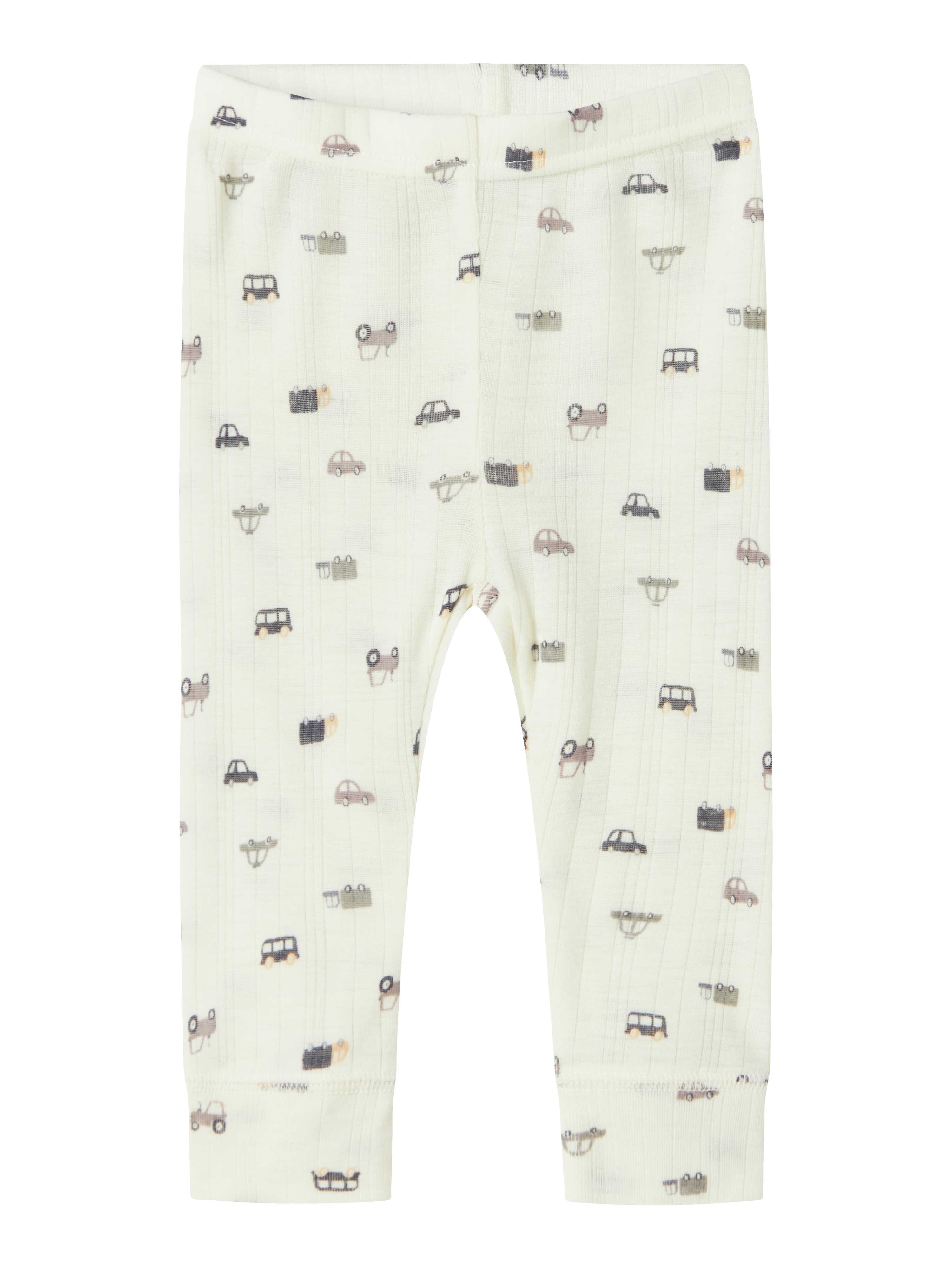 Leggings NAME IT "NBMWANG WOOL NEEDLE LONGJOHN NOOS", Baby, Gr. 50, N-Gr, weiß (snow weiß aop:small cars), Strick, Obermaterial: 100% Wolle, bedruckt, regular fit knöchellang, Hosen Image