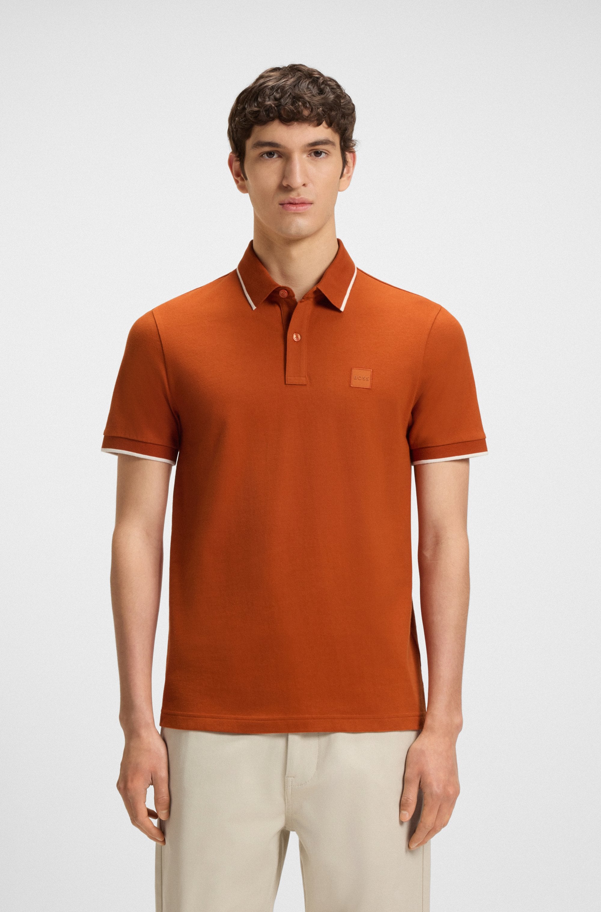 Poloshirt BOSS ORANGE "Passertip", Herren, Gr. S, orange (open orange842), Piqué, Obermaterial: 95% Baumwolle, 5% Elasthan, slim fit hüftbedeckend, V-Ausschnitt, eingesetzt Bündchen, Shirts, mit BOSS Logo-Badge