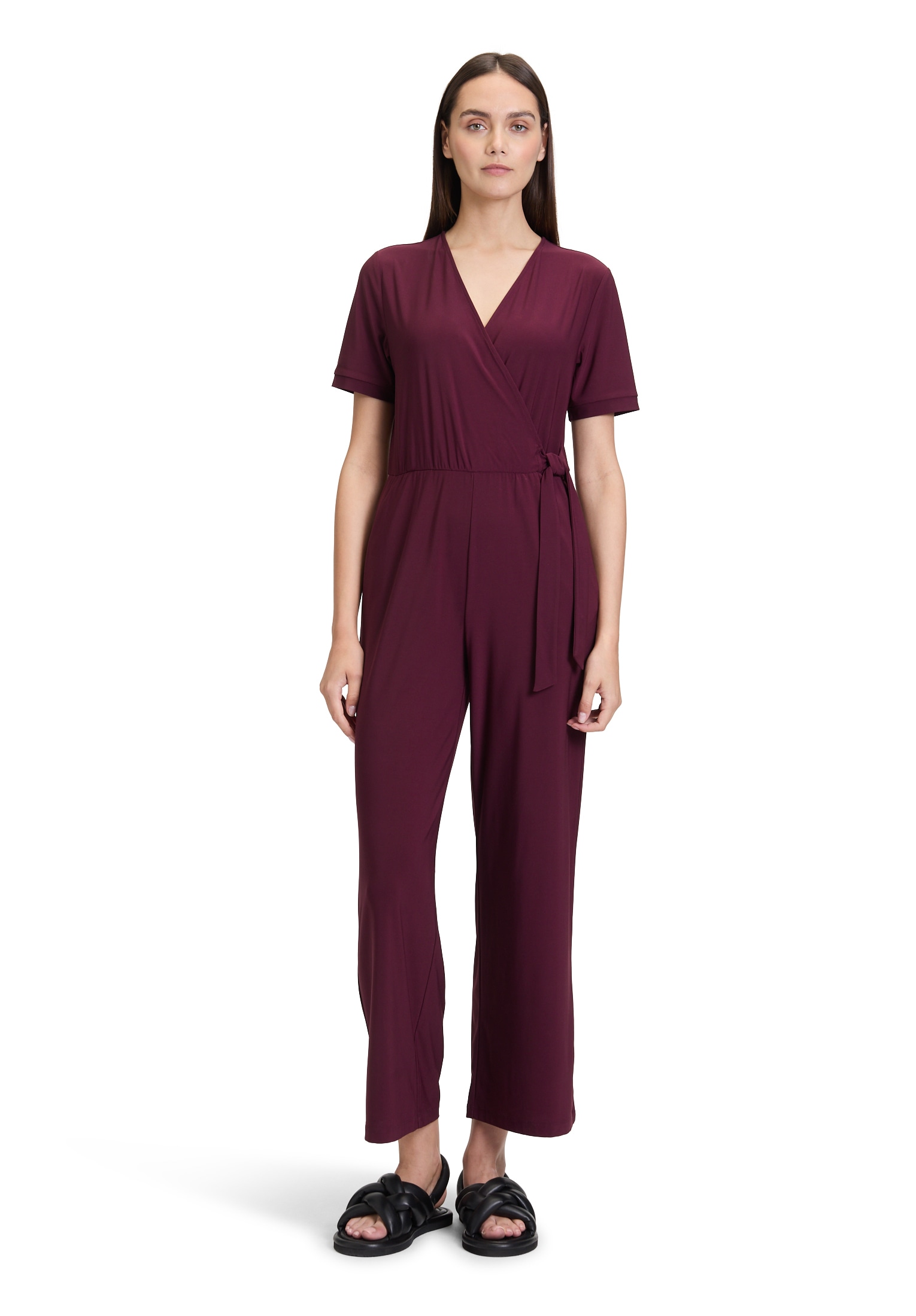Overall CARTOON "Damen mit Bindegürtel", Damen, Gr. 42, Normalgrößen, lila (schwarz aubergine), Obermaterial: 95% Polyester, 05% Elasthan, loose fit, V-Ausschnitt, Overalls Overall, Design