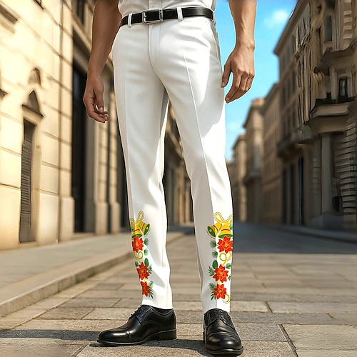 Herren Blumendruck Blumen Anzughose Hose Freizeithose Mittlere Taille Lässig Formell Urlaub Party Frühling Herbst 3D-Druck Weiß Grün Image