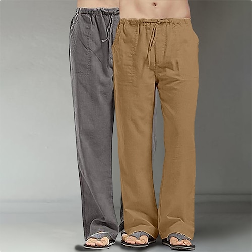 Herren Leinenhosen Hose Sommerhose Baggy-Hosen Strandhose Kordelzug Tasche Gerader Schnitt Einfach Komfort Atmungsaktiv Volle Länge Täglich Streetwear Mode Lässig / Sportlich Lässiger Schnitt Image