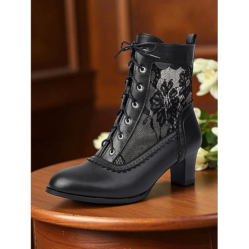 Schwarze Spitzenstiefeletten im Edwardian-Stil für Damen – viktorianische Stiefeletten mit Schnürung und mittelhohem Absatz aus Vintage-Netzstoff für Gothic-Mode, Cosplay und Outfits im Stil des 20. Image
