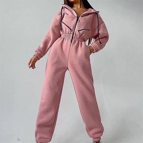 Damen Overall Sportbekleidungsset Einteilig Athleisure Herbst Langarm Thermowarm Winddicht Weich Fitnessstudio Training Sport Sportbekleidung Sportkleidung Einfarbig Schwarz Weiß Rosa