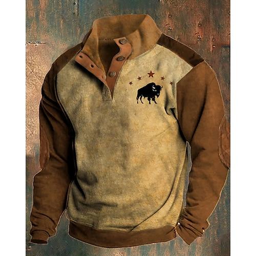 Herren Sweatshirt Braun Grün Grau Polokragen Farbblock Kuh Patchwork Druck Sport Outdoor Täglich Ferien Polyester Vintage Streetwear Basic Frühling Herbst Bekleidung Kapuzenpullover Sweatshirts