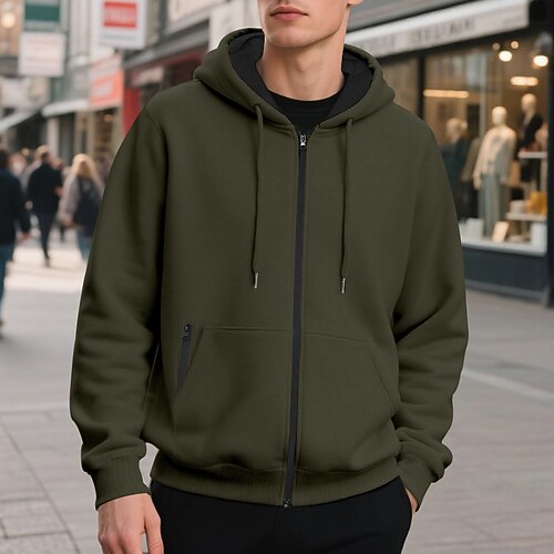 Herren Kapuzensweatshirt Vollreißverschluss-Kapuzensweatshirt Fleece Kapuzensweatshirt Aprikose Schwarz Armeegrün Marineblau Hellgrau Mit Kapuze Einfach Tasche Sport Outdoor Täglich Ferien Polyester Image
