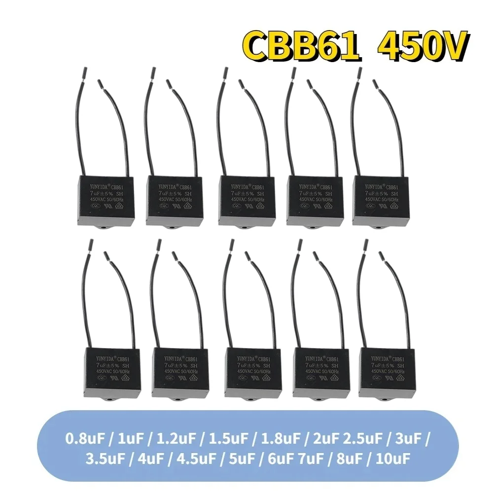 1/5PCS CBB61 450V Start Kondensator 0,8/1/1,2/1,5/1,8/2/2,5/3/3,5/4/4,5/5/6/7/8/10UF Fan Decke Abgas Motor Betrieb Kondensatoren CBB Image