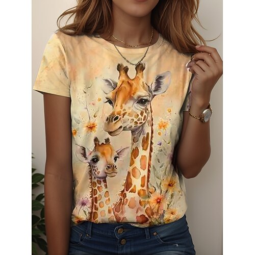 Damen T Shirt Druck Grafik Tiermotiv Vintage Stilvoll Klassisch Kurzarm Rundhalsausschnitt Normale Oberteile Täglich Wochenende Gelb Orange Grün Khaki Hellgrau Sommer Image