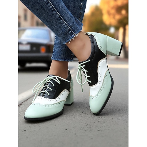 Zweifarbige Oxford-Schuhe mit Blockabsatz für Damen – Retro-Schnürschuhe in Mintgrün und Metallic für den Streetstyle im 50er-Jahre-Stil, Alltagsoutfits und legere Anlässe Image