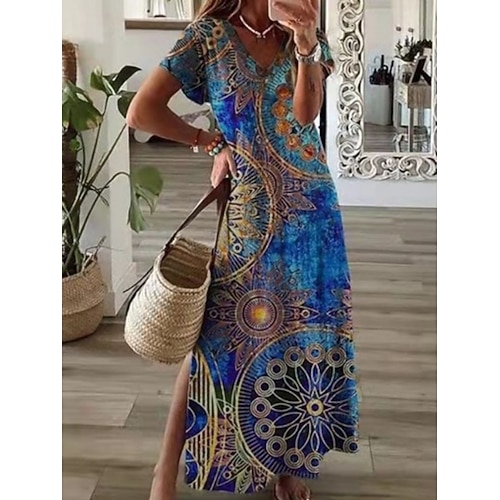 Damen Maxikleid A Linie Kleid Sommerkleid Lässig Täglich Normale Passform Blumen Grafik Kurzarm V Ausschnitt Marineblau Orange Grün Sommer Image