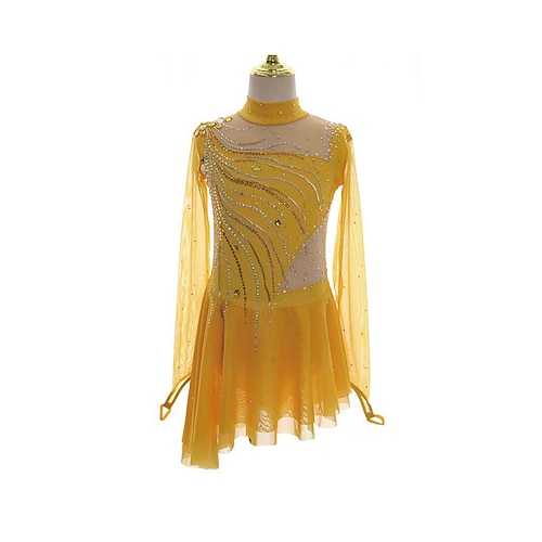 Eiskunstlaufkleid Damen Mädchen Eislaufen Kleid Gelb Patchwork Daumenloch Netzstoff Spandex Dehnbar Training Übung Professionell Eiskunstlaufkleidung Thermowarm Kristall / Strass Langarm Eislaufen Image