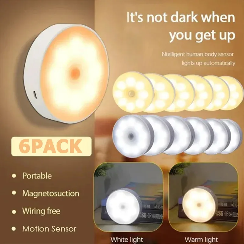 6PCS Motion Sensor LED Nachtlicht USB Aufladbare Nacht Lampe Für Küche Schrank Schrank Lampe Treppe Drahtlose Schrank Licht