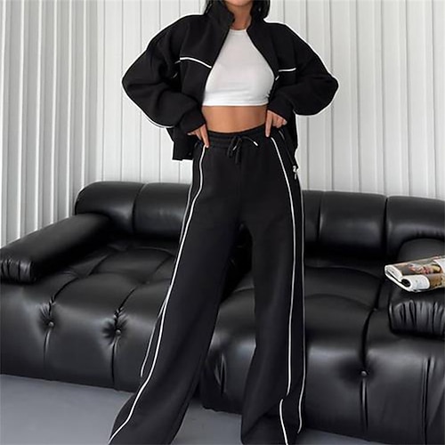 Damen Trainingsanzug Jogginganzug Sportbekleidungsset Tasche Kombination Herbst Winter Schwarz Weiß Fitnessstudio Training Sport Thermowarm Winddicht Weich Langarm Sport Sportkleidung Mikroelastisch Image