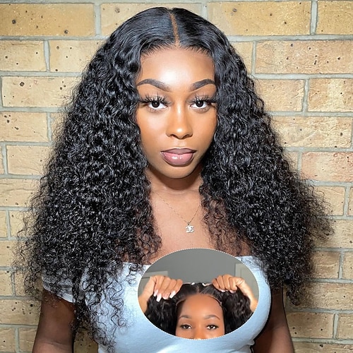 klebefreie Perücken aus Echthaar, vorgezupft, vorgeschnitten, 4 x 4 HD-Spitzenverschluss, zum Anziehen und Losgehen, verworrene, lockige Lace-Front-Perücken für schwarze Frauen, nasser und gewellter Image
