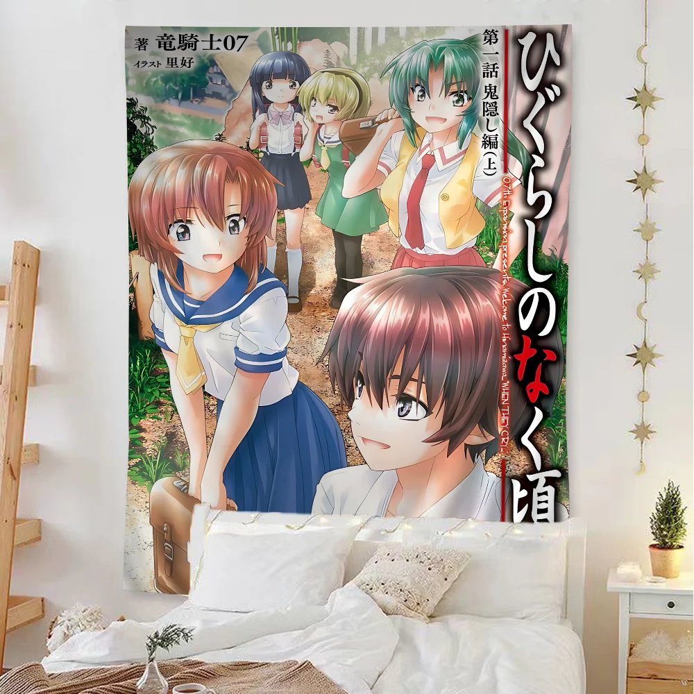 Higurashi When They Cry Cartoon bedruckter großer Wandteppich, indische Buddha-Dekoration, Hexerei, böhmische Hippie-Wandkunst-Dekoration