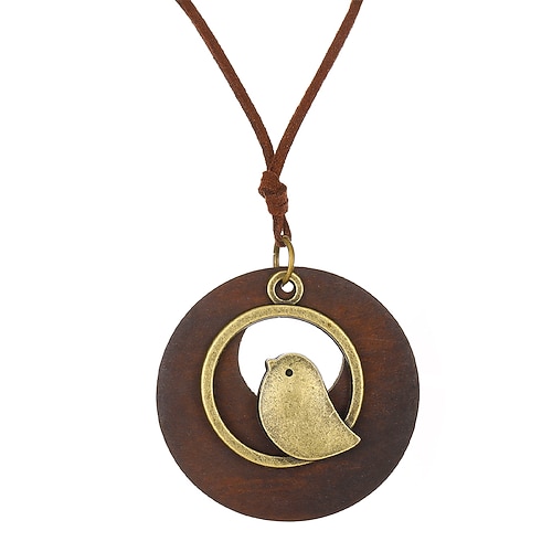 Damen-Halskette mit Vogelanhänger im Bohemian-Stil – handgefertigte lange Halskette aus Holz mit Kreis und Anhänger aus Legierung für Naturliebhaber, lässige Outfits oder als Geschenk Image