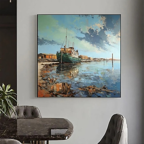 handgemachtes Ölgemälde auf Leinwand, Wandkunst, Dekoration, Vintage-Seehafen, Küstenstadt, Landschaft für die Inneneinrichtung, gerollt, rahmenlos, ungedehnt Image