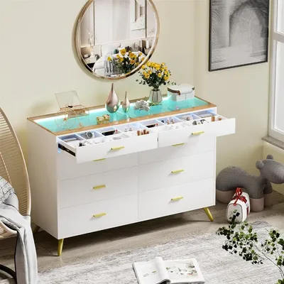 White Dresser with LED Lights for Bedroom,8 Drawer Dressers with Tempered Glass Top,Chests of Drawers with 2 Grid Drawer,Storag