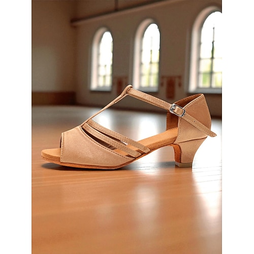 Schwarze Latein-Tanzschuhe aus Satin für Damen – T-Riemen-Peep-Toe-Ballsaal-Absätze für Anfänger und Profis, ideal für Salsa, Rumba und Übungsstunden Image