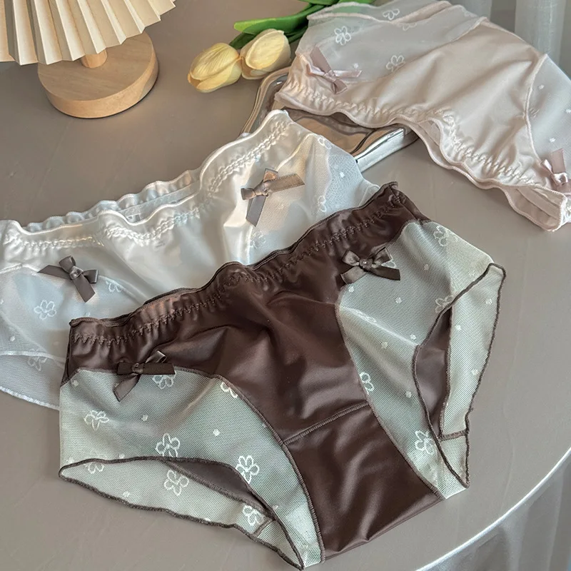 Sexy Spitze Frauen Höschen Seidige Satin Dessous Süße Nette Mädchen Unterwäsche Nahtlose Atmungsaktive Briefs Weibliche Dessous Damen Hosen Image