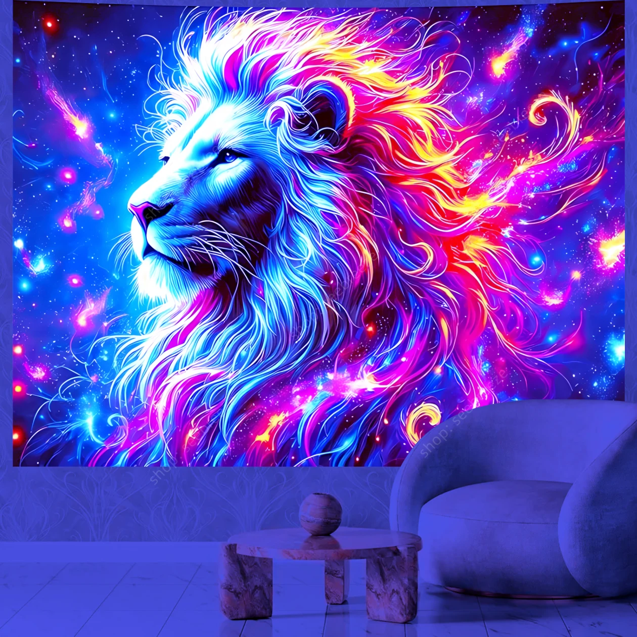 Psychedelischer Tier-Wandteppich, cooler Löwe, UV-reaktiver Wandteppich, Wandbehang für Hippie, Kawaii, Raumdekoration, Strandtuch, Geschenk für Freunde Image