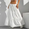 Gonne a pieghe a trapezio in pizzo solido casual Gonna maxi a vita media allentata Donna Estate coreana Elegante bianco Orlo grande Donna Streetwear