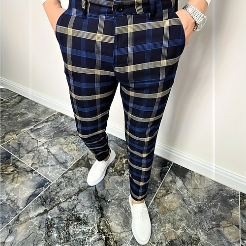 Herren Geometrisch Karo / Karomuster Anzughose Hose Mittlere Taille Business-Casual Formell Alltagskleidung Slim Fit Hose mit Taschen Frühling Herbst 3D-Druck Gelb Blau Dunkelblau Image