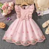 2023 Sommer-Bestseller für Mädchen, ärmellos, Rüschen, Blumen, Netzstoff, rosa, elegantes Kleid für große Kinder von 8–12 Jahren, trendiges Party-Outfit
