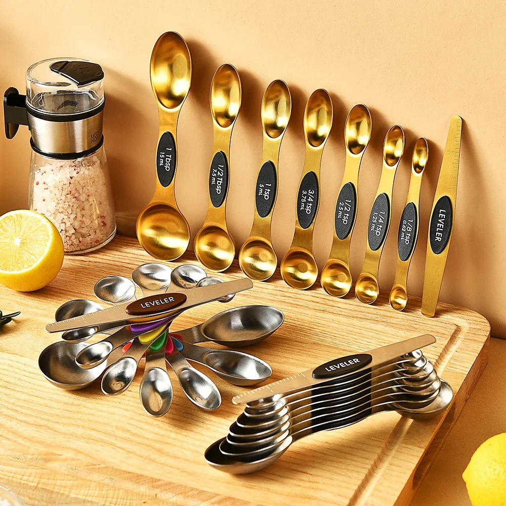 8 Teile/satz Magnetische Messlöffel Set Edelstahl Stapelbare doppelseitige Teelöffel Metall Genaue für Gewürz Dosen Image