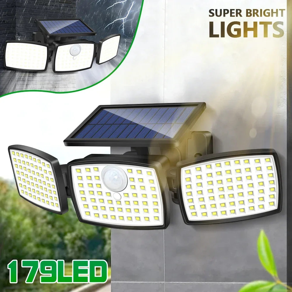 179 LED-Solarleuchten für den Außenbereich, PIR-Bewegungsmelder, 3 Köpfe, solarbetriebene Flutlichter, IP65, wasserdichte Sicherheitsleuchten für den Garten
