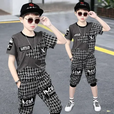 Sommer-Kinderkleidungssets für Jungen, 4, 6, 8, 9, 10, 12 Jahre, modisches Spleißen, kurzärmeliges T-Shirt + Hose, Schulkinder-Sportanzug Image