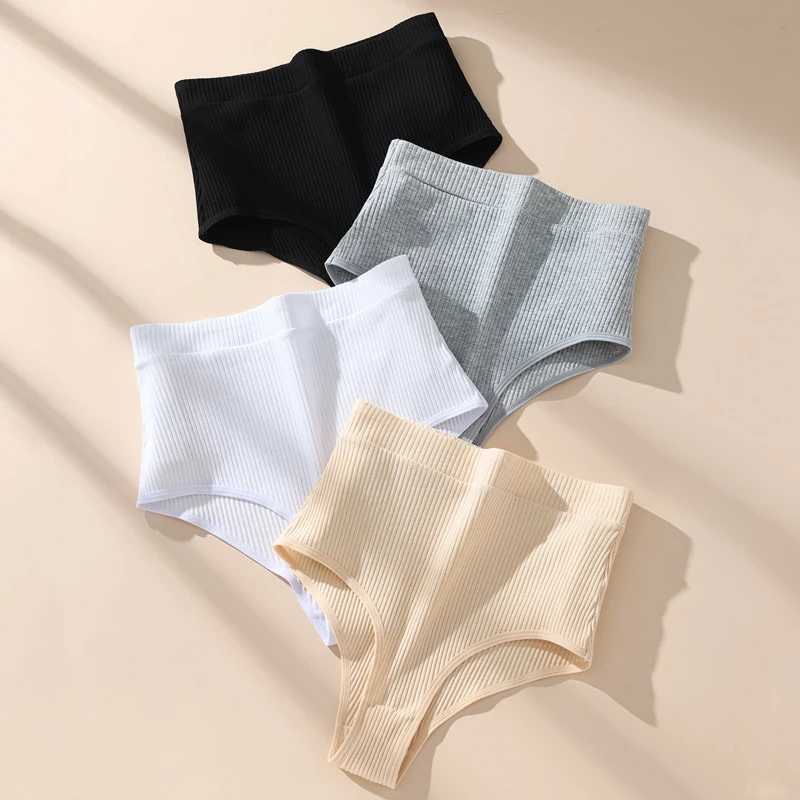 4PCS frauen Höschen Gestreiften Slip Frauen Atmungsaktive Baumwolle Panty Weibliche Weiche Unterwäsche Hohe Taille Solide Damen Unterhose XS-XL Image