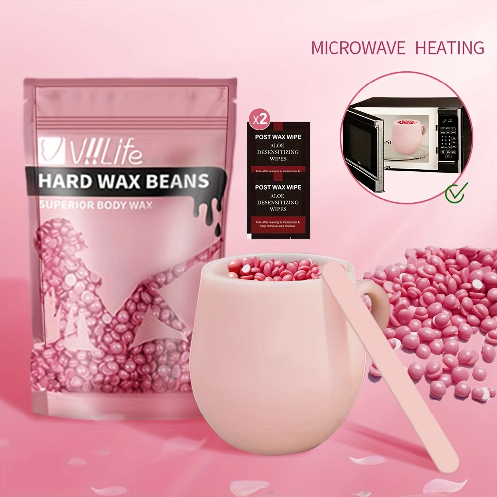 Viilife DIY At Home Mikrowellen-Wachsset Pink – Hartwachsperlen mit Schmelzbecher und Applikator zur Gesichts- und Körperhaarentfernung Image