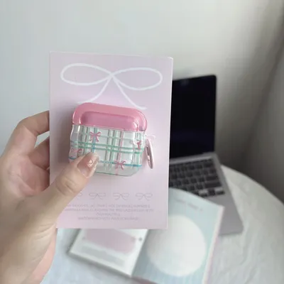 Einfache, modische, grün karierte Schleife, transparent, gewellt, Kopfhörerhülle mit rosa Ringabdeckung für AirPods 1, 2, 3, 4 Pro Pro 2 Image