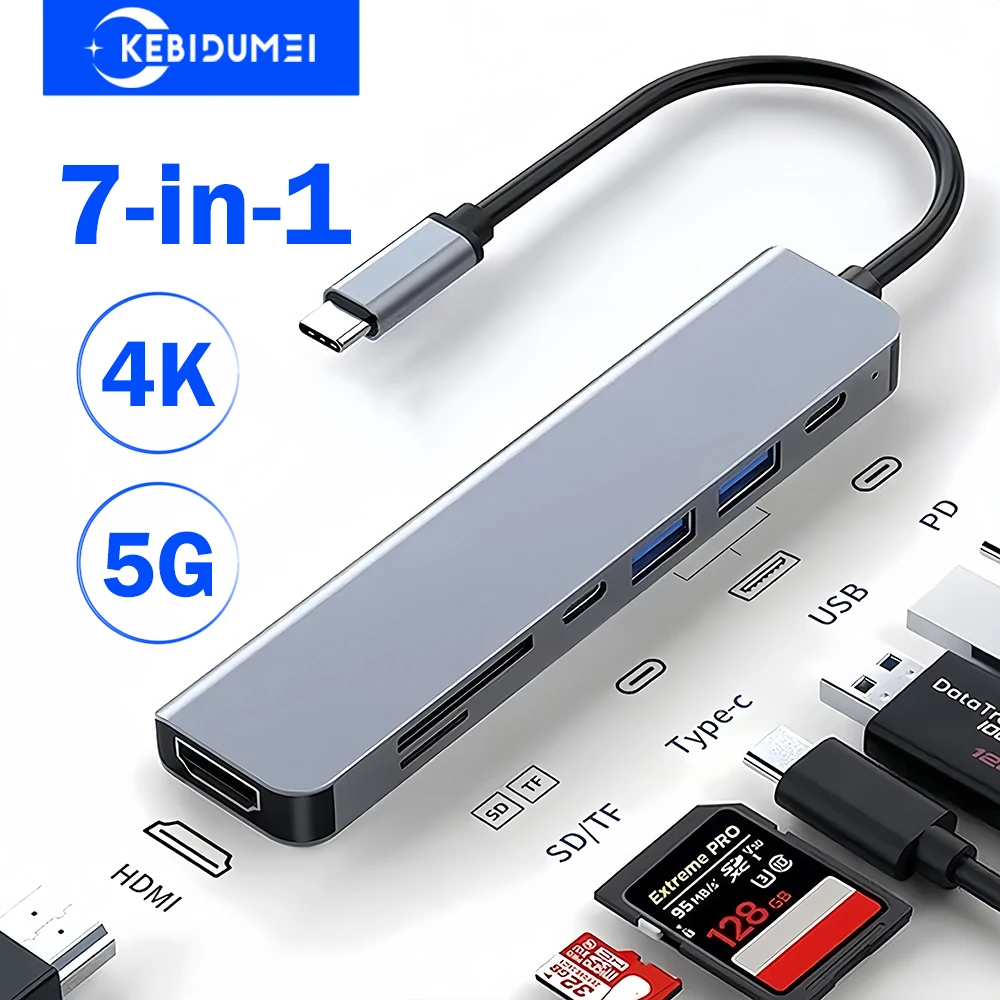 7-in-1 USB C HUB USB C Dockingstation Typ C auf 4K 30Hz HDMI Adapter 5Gbps Hochgeschwindigkeits-USB-C-Splitter für Samsung Laptop MacBook Image