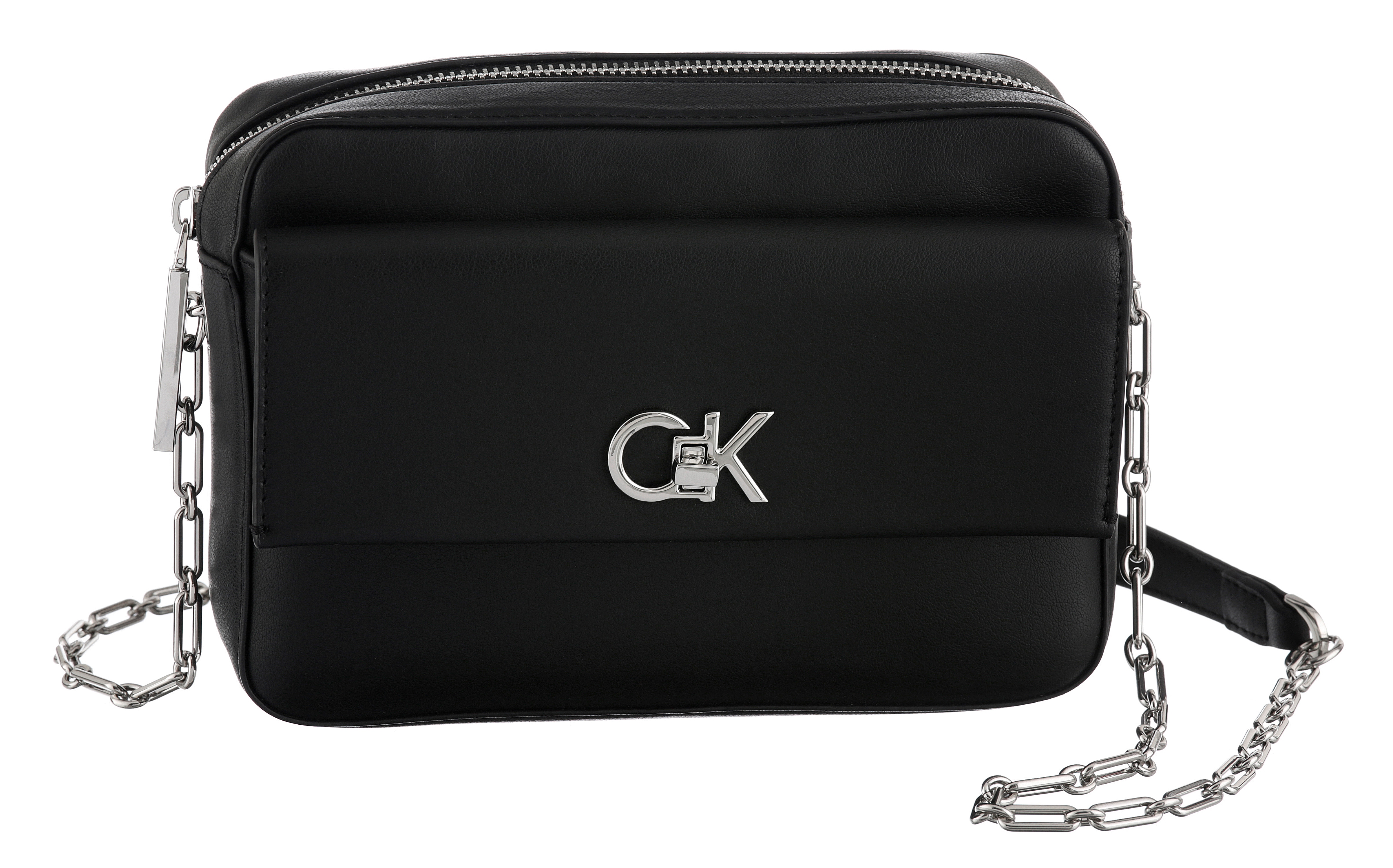 Mini Bag CALVIN KLEIN "CK RE-LOCK POCKET CAMERA BAG", Damen, Gr. B/H/T: 21cm x 15cm x 6cm, schwarz, Lederimitat, Polyester, unifarben, Taschen, kleine Umhängetasche, Damen Schultertasche mit Zierkette