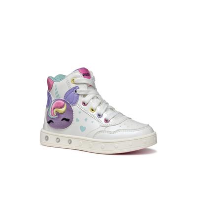 Sneaker GEOX "J SKYLIN GIRL Blinkschuh", Kinder, Gr. 27, bunt (weiß, bunt), Synthetik, Textil, kontrastfarbene Details, sportlich, Schuhe, Schnürboots, Blinkschuh mit Glitzer und Blinkfunktion Image