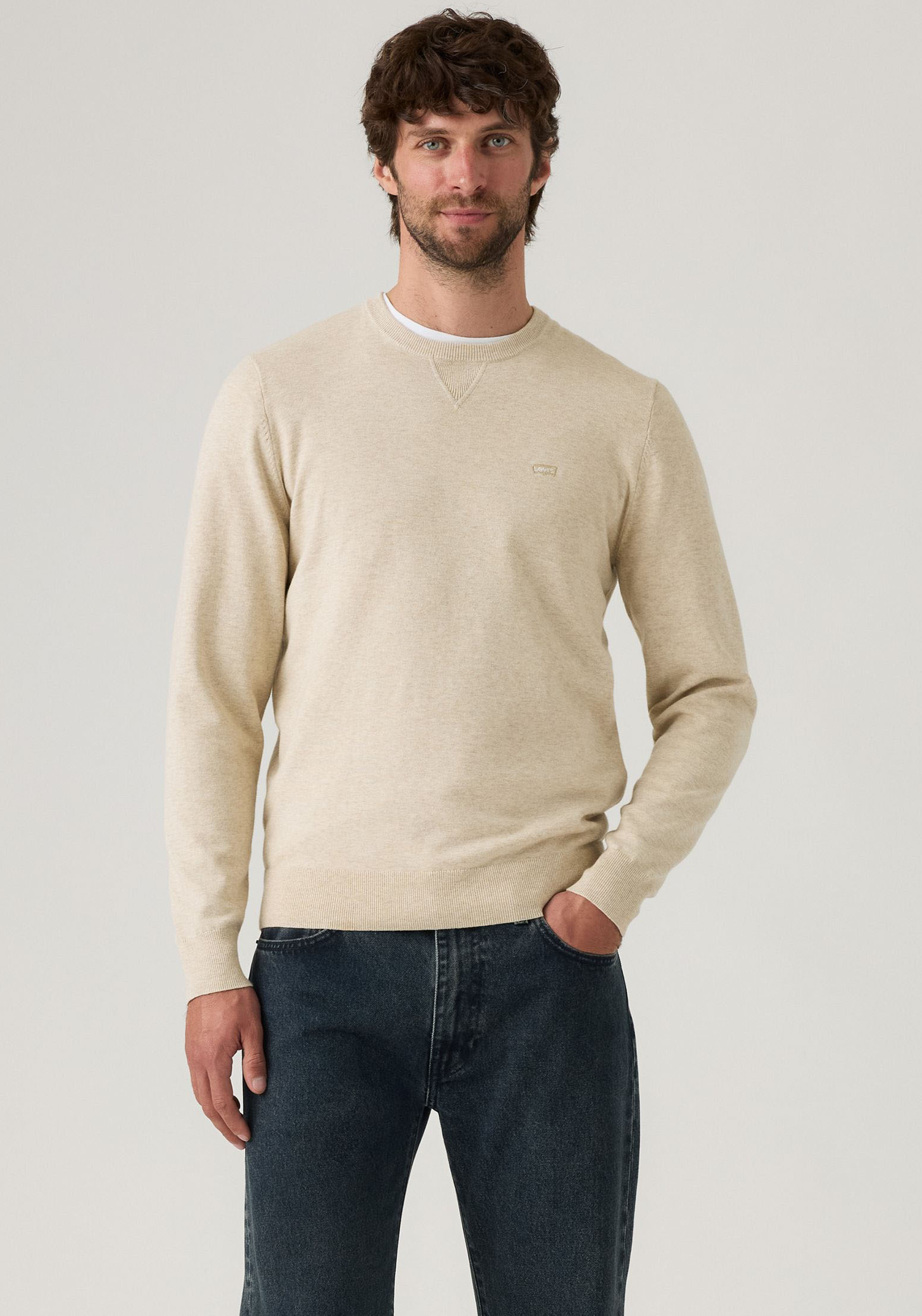Rundhalspullover LEVI'S "LIGHTWEIGHT HM SWEATER", Herren, Gr. L, weiß (weiß peppercorn hea), Strick, Obermaterial: 94% Baumwolle, 4% Polyamid, 2% Elasthan, Rundhals, Pullover