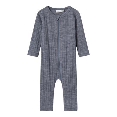 Schlafanzug NAME IT "NBMWANG WOOL NEEDLE NIGHTSUIT SOLID NOOS", Kinder, Gr. 62, folkstone gray, Strick, Rippstrick, Obermaterial: 100% Wolle, unifarben, casual, regular fit, Rundhals, Langarm, Homewear-Sets, aus reiner Merinowolle Image