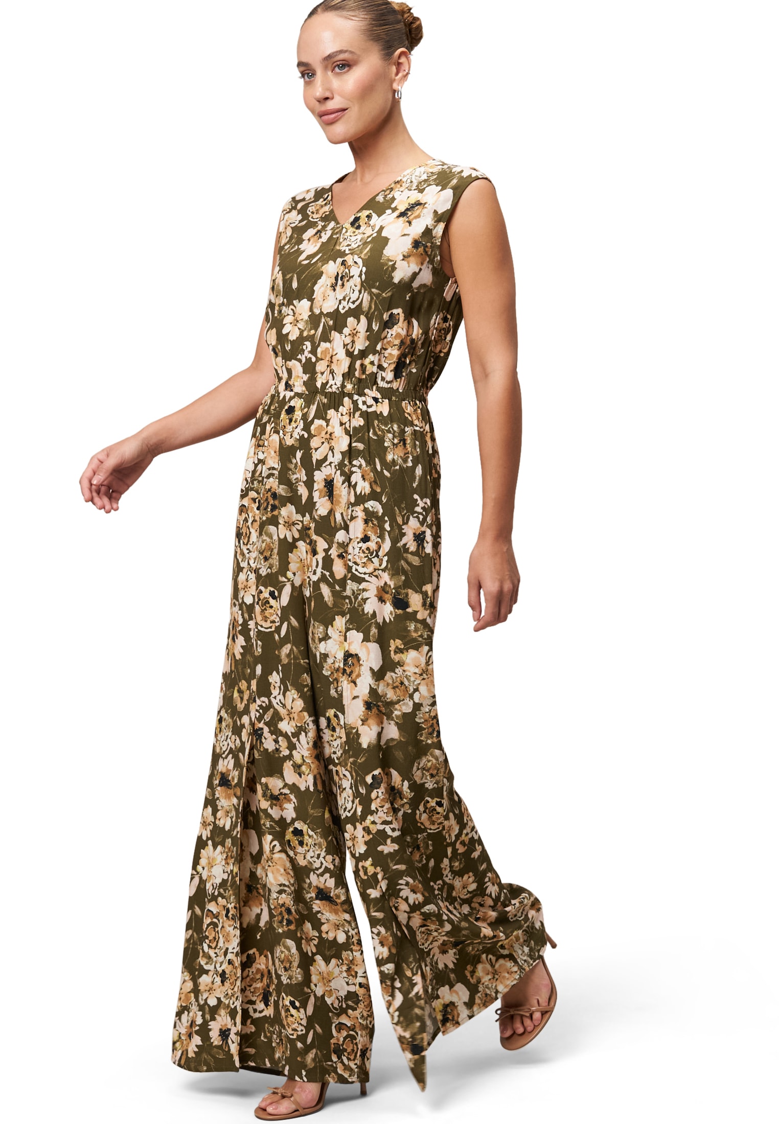 Overall ZERO "zero Damen Jumpsuit mit Blumendruck 32 Inch", Damen, Gr. 44, khakicream, Web, Obermaterial: 100% Viskose. Ärmelfutter: ohne Futter., bedruckt, Casual, figurbetont 7/8-Länge, Rundhals, Overalls, drapiert /gerafft Image