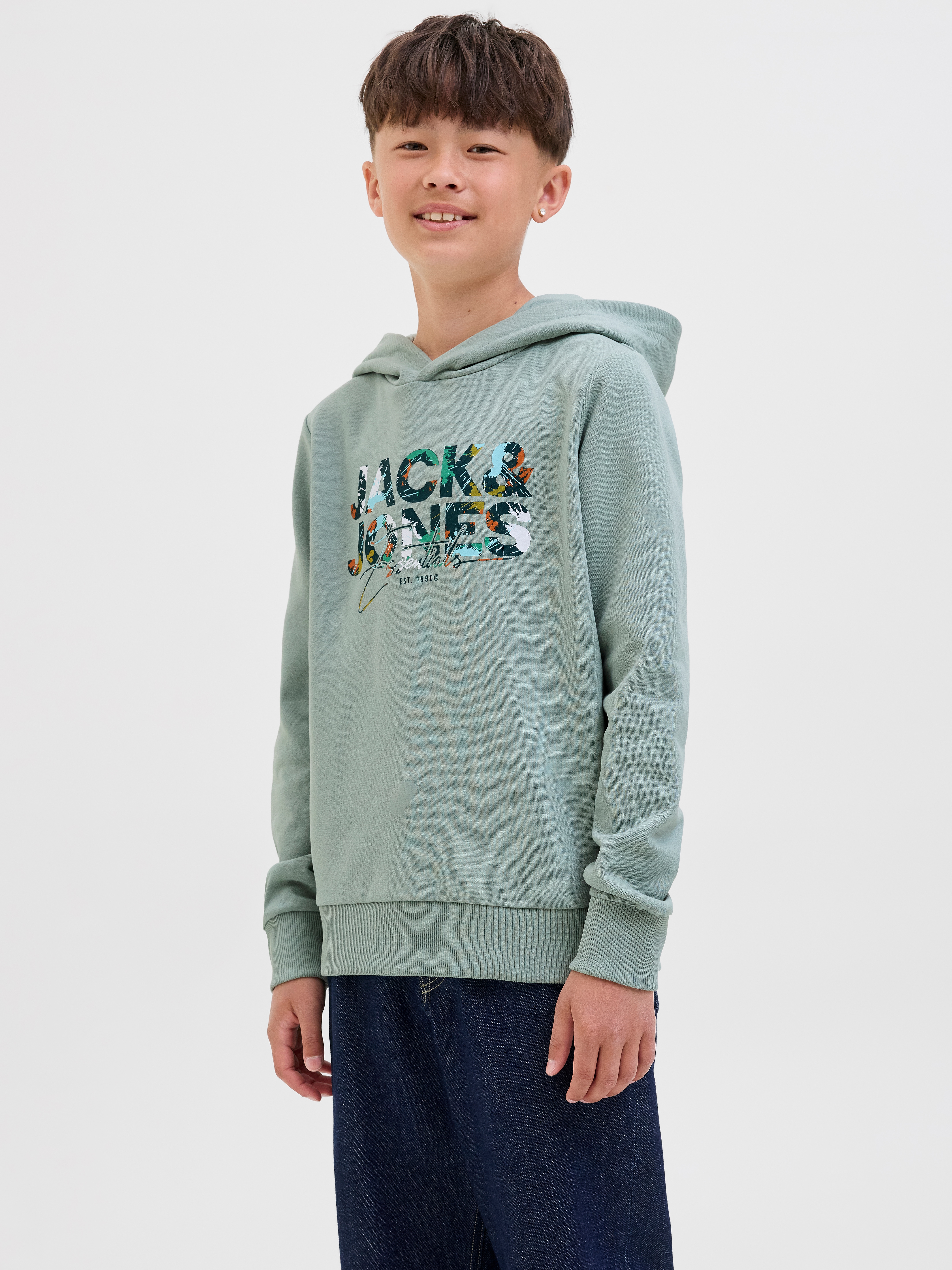 Kapuzensweatshirt JACK & JONES JUNIOR "JJGEPLAS SWEAT HOOD JNR", Jungen, Gr. 152, grün (iceberg grün), angeraute Sweatware, Obermaterial: 70% Baumwolle, 30% Polyester, bedruckt, regular fit normal, Rippbündchen, Sweatshirts Image