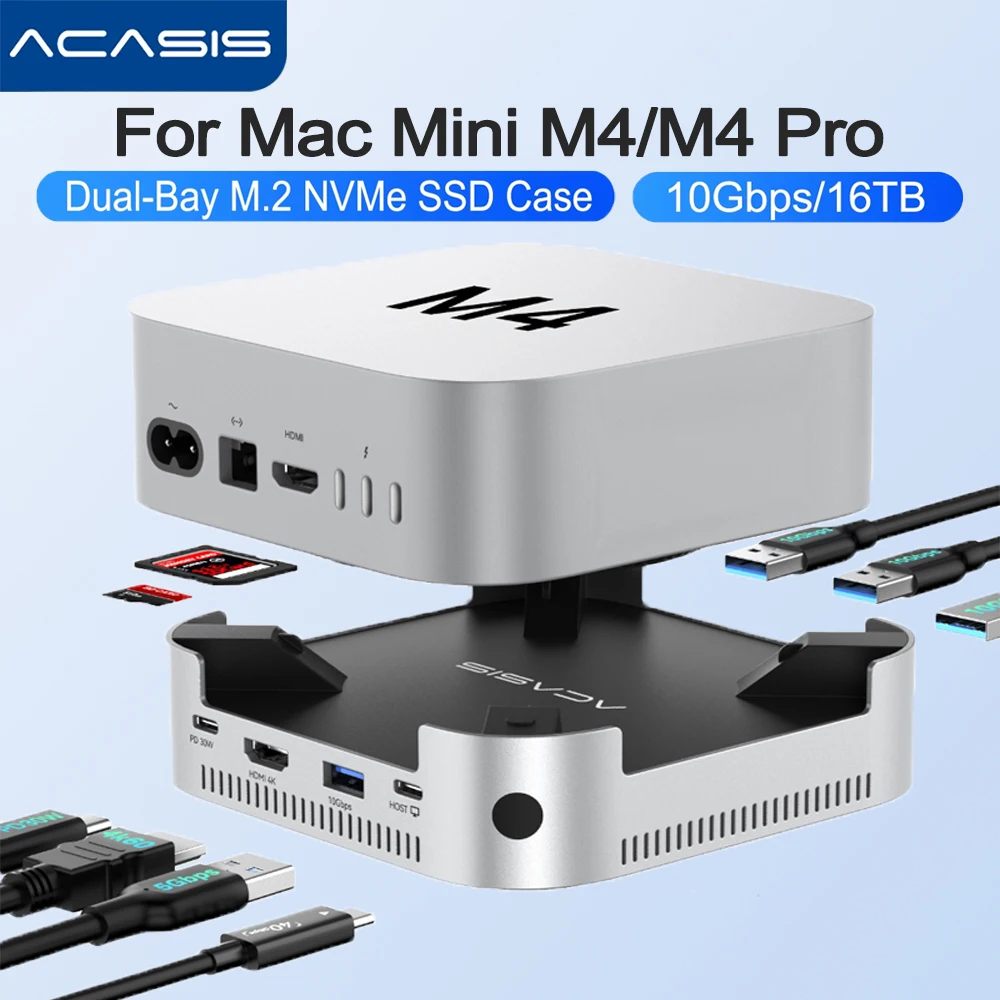 Acasis Mac Mini USB-C Dockingstation Dual Bay M.2 NVMe SSD-Gehäuse mit 4K60Hz SD&TF 10 Gbit/s USB-A-Splitter für Mac Mini M4 Image