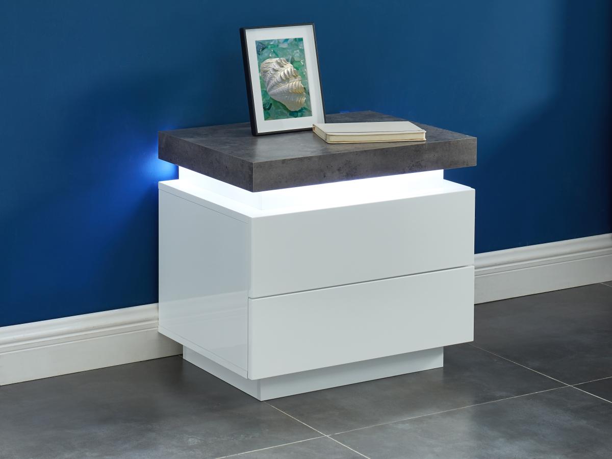 Comodino 2 cassetti Con LED MDF Laccato Bianco e Calcestruzzo - Lotto di 2 - HALO II