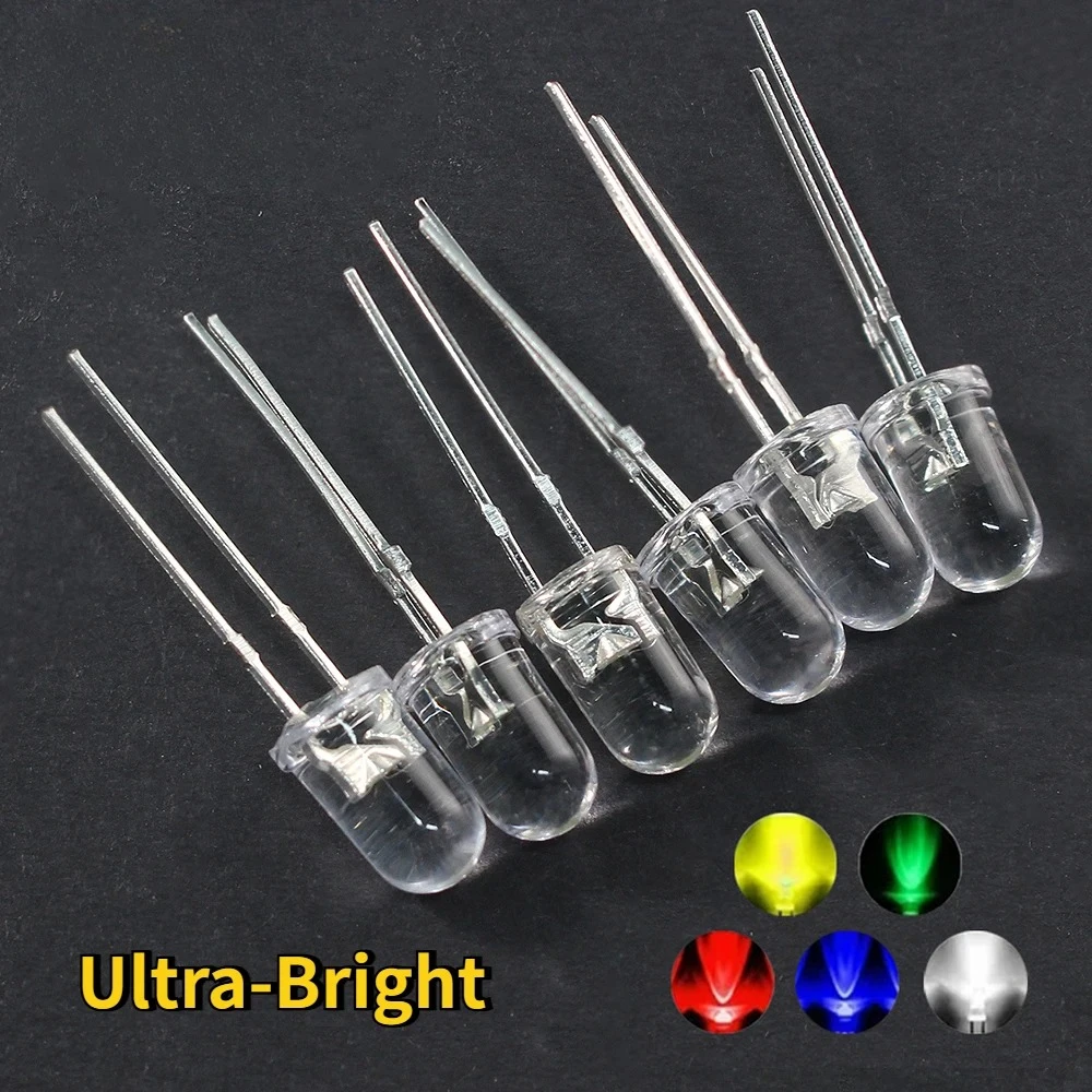 100 Stück 5 mm LED-Dioden F5, rund, transparent, ultrahell, Leuchtdioden-Set, Weiß, Rot, Gelb, Blau, Grün, 5 Farben, je 20 Stück Image