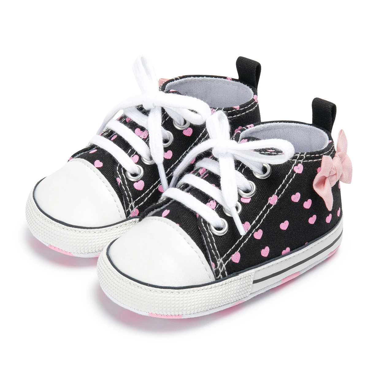 Neugeborene Baby Mädchen Schuhe Mode Bowknot Herz Druck Klassische Leinwand Casual High Tops Turnschuhe Weiche Anti-slip Sohle Erste wanderer Image