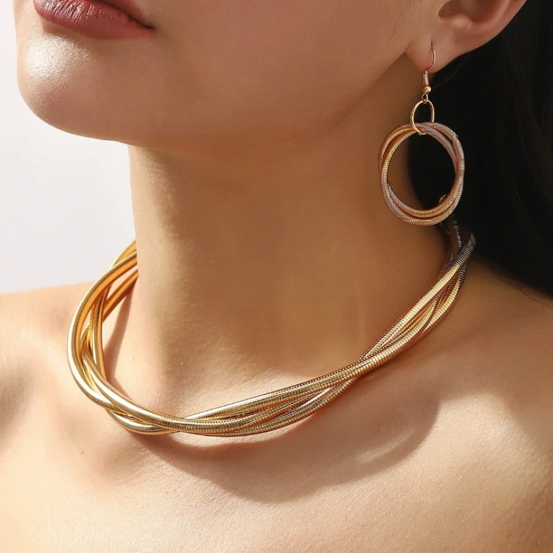 Europa und die Vereinigten Staaten personalisierte Kette Wicklung mehrschichtige Halskette Ohrringe, Damen Punk-Stil Schmuckset 2 Stück/Set Image