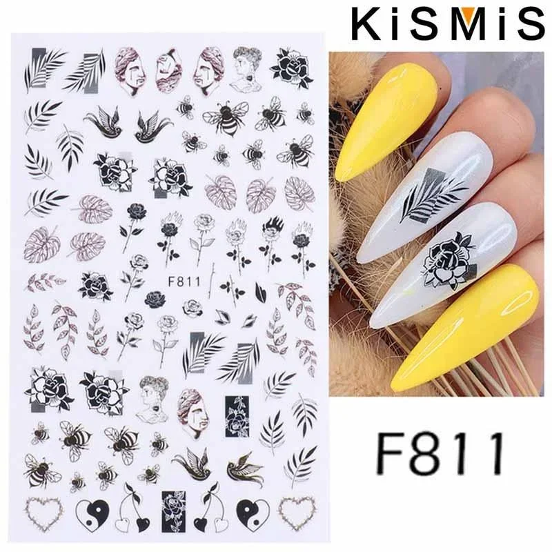 Holografische 3D-Nagelkunst-Aufkleber mit schwarzen geometrischen Blumen, selbstklebende Damen-Maniküre-Dekoration Image
