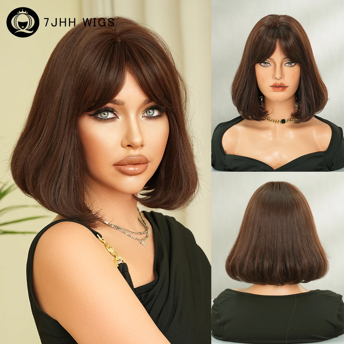 Kurze gerade Mittelteil-Mokka-Braun-Perücke für Damen, hochdichte, synthetische, geschichtete, hitzebeständige Perücken mit Vorhang-Pony Image