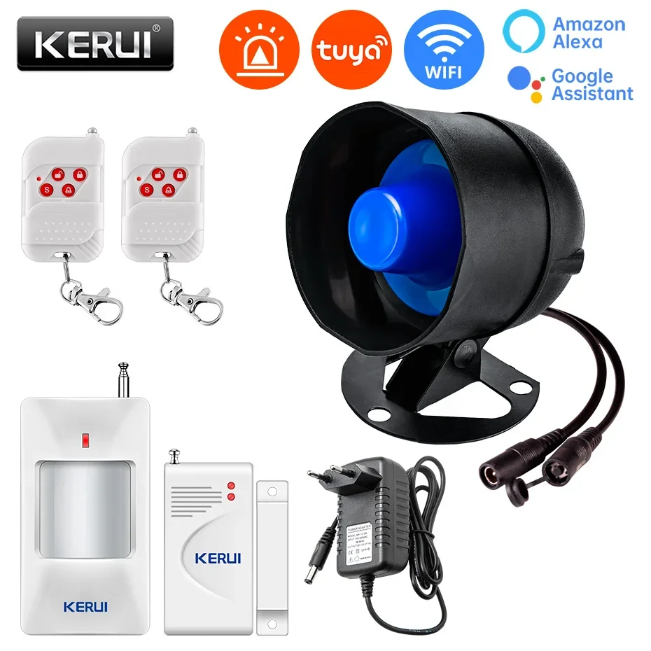 KERUI Tuya 120db WIFI Lautsprecher Horn Hause Sirene Alarm Kit Einbrecher Sicherheit System mit Infrarot Bewegungsmelder Tür Sensor Sirene