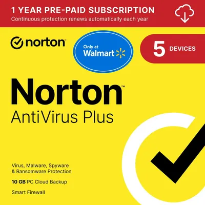 Walmart Exclusive - Norton Antivirus Plus, 5 Devices, 1 Year Subscription, Pc/Mac (Digital Download)