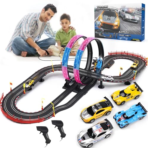 Slot Car Race Track Sets with 4 Slot Cars, 20ft Race Car Track for Boys and Kids, Dual Racing Game Lap Counter Circular Overpass Track, Gifts Toys for Boys Kids Age 6 7 8-12
